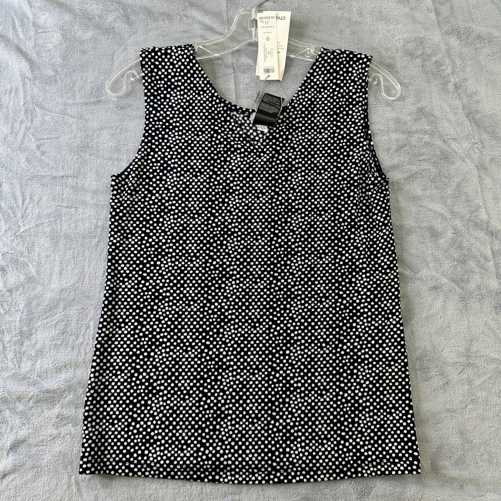 Chicos Travelers Essentials Tank Top Black White Polka Dot V-Neck Size 0 S 4/6